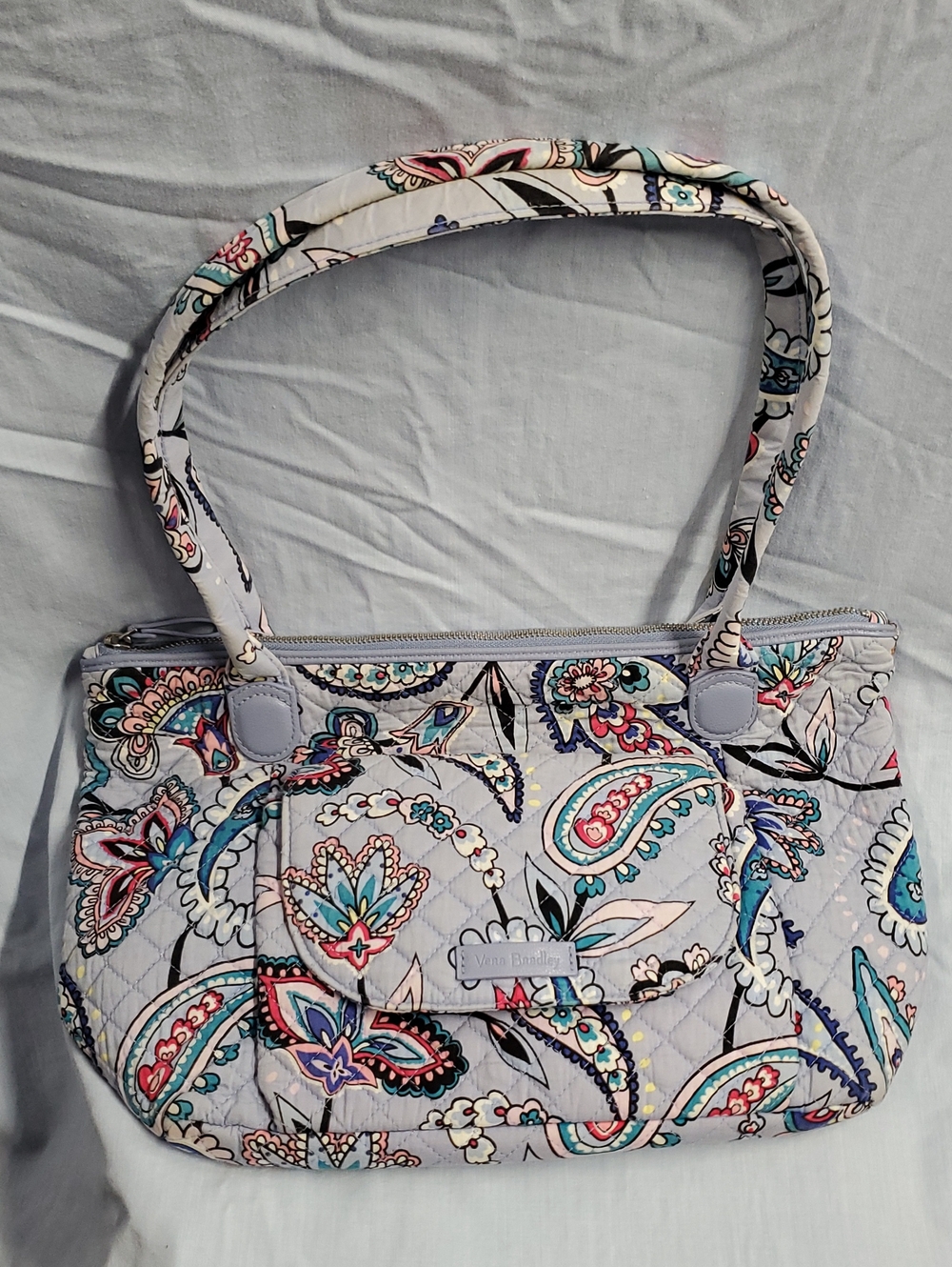Vera Bradley Quilted Shoulder Bag in Light Gray with Teal & Coral Paisley